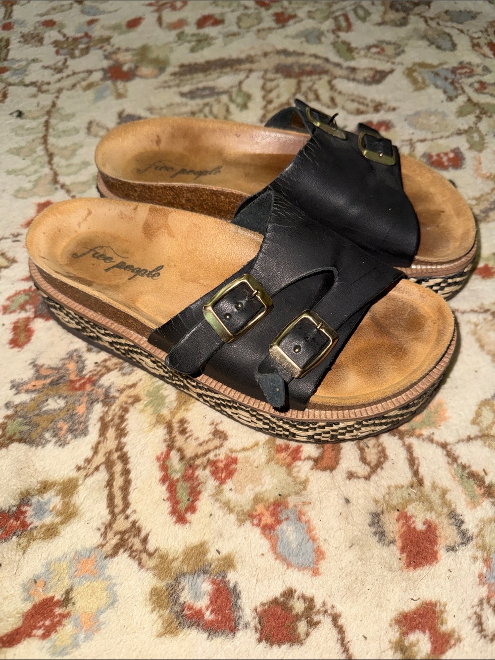 Free People Black Leather Double-Buckle Platform Slide Sandals